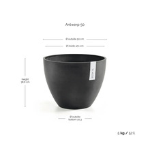 Ecopots Blumentopf Antwerp 50 in Anthrazit mit Maßen: Höhe 38,8 Zentimeter, Außendurchmesser 50 Zentimeter, Innendurchmesser 47,1 Zentimeter.