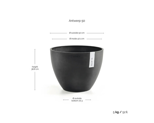 Ecopots Blumentopf Antwerp 50 in Anthrazit mit Maßen: Höhe 38,8 Zentimeter, Außendurchmesser 50 Zentimeter, Innendurchmesser 47,1 Zentimeter.