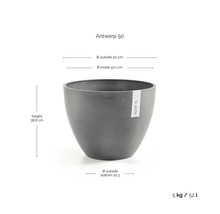 ECOPOTS Antwerp 50 Pflanzkübel: Höhe 38,8 Zentimeter, Außendurchmesser 50 Zentimeter, Volumen 52 Liter, Gewicht 5 Kilogramm.