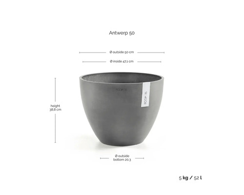 ECOPOTS Antwerp 50 Pflanzkübel: Höhe 38,8 Zentimeter, Außendurchmesser 50 Zentimeter, Volumen 52 Liter, Gewicht 5 Kilogramm.