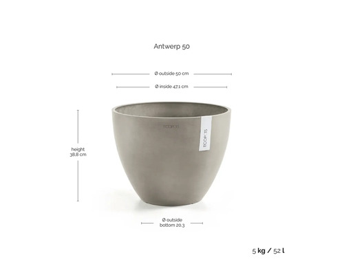 Ecopots Blumentopf Antwerp 50: Höhe 38,8 Zentimeter, Außendurchmesser 50 Zentimeter, Gewicht 5 Kilogramm, Volumen 52 Liter.