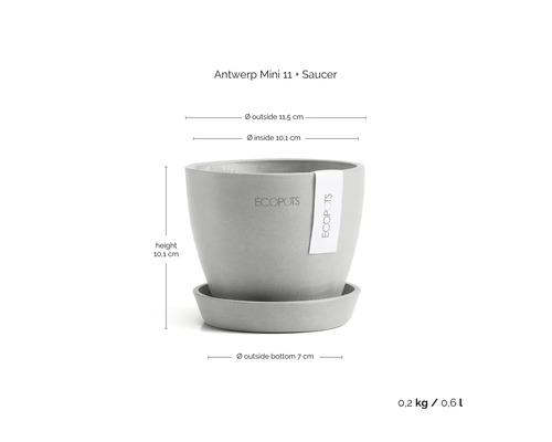 Ecopots Antwerp Mini Pflanztopf mit Untersetzer, Höhe 10,1 Zentimeter, Außendurchmesser 11,5 Zentimeter, Innendurchmesser 10,1 Zentimeter.