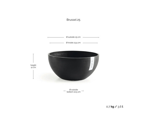 Pflanzschale Brussel 25 aus Kunststoff: Höhe 12 Zentimeter, Außendurchmesser 25 Zentimeter, Volumen 3,6 Liter, Gewicht 0,7 Kilogramm.