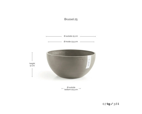 Ecopots Pflanzschale Brussel 25: Durchmesser 25 Zentimeter, Höhe 12 Zentimeter, Volumen 3,6 Liter, Gewicht 0,7 Kilogramm.