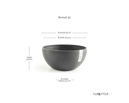 Ecopots Pflanzschale Brussel 30 mit Maßen: Durchmesser 30 Zentimeter, Höhe 14,8 Zentimeter, Gewicht 0,9 Kilogramm, Volumen 6,5 Liter.
