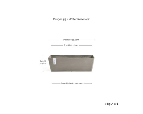 Rechteckiger Pflanzkasten Bruges 55 mit Wasserspeicher, Breite 55,3 Zentimeter, Höhe 17,5 Zentimeter, Volumen 12 Liter, Gewicht 2 Kilogramm.