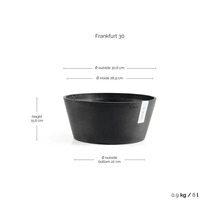 Ecopots Pflanzschale Frankfurt 30 mit den Maßen: Höhe 15,6 Zentimeter, Außendurchmesser 30,6 Zentimeter, Volumen 8 Liter.