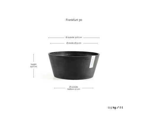 Ecopots Pflanzschale Frankfurt 30 mit den Maßen: Höhe 15,6 Zentimeter, Außendurchmesser 30,6 Zentimeter, Volumen 8 Liter.
