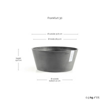 Ecopots Pflanzschale Frankfurt 30 in Dunkelgrau: Höhe 15,6 Zentimeter, Außendurchmesser 30,6 Zentimeter, Volumen 8 Liter.