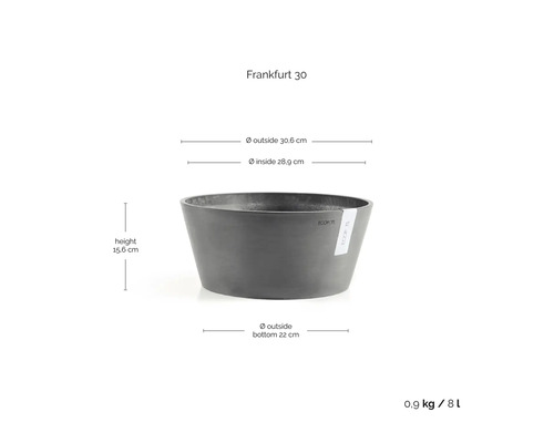 Ecopots Pflanzschale Frankfurt 30 in Dunkelgrau: Höhe 15,6 Zentimeter, Außendurchmesser 30,6 Zentimeter, Volumen 8 Liter.