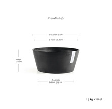 Pflanzschale Frankfurt 40: Außen 41 Zentimeter, Innen 38,8 Zentimeter, Höhe 17,8 Zentimeter, Boden 31,5 Zentimeter, 16,4 Liter, 1,5 Kilogramm.