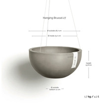 Ecopots Hanging Brussel 27 Hängetopf. Außendurchmesser 26,7 Zentimeter, Höhe 12,8 Zentimeter, Volumen 4,2 Liter, Gewicht 1,7 Kilogramm.