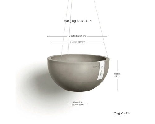 Ecopots Hanging Brussel 27 Hängetopf. Außendurchmesser 26,7 Zentimeter, Höhe 12,8 Zentimeter, Volumen 4,2 Liter, Gewicht 1,7 Kilogramm.