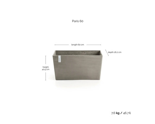 Rechteckiger Pflanzkübel Paris 60, Ecopots Logo, Länge 60 Zentimeter, Höhe 40,5 Zentimeter, Tiefe 26,2 Zentimeter, Gewicht 7,6 Kilogramm.
