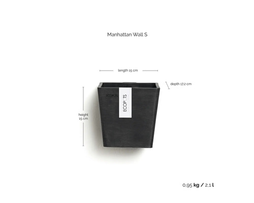 Ecopots Wand-Blumentopf Manhattan Wall S: Länge 15 Zentimeter, Höhe 15 Zentimeter, Tiefe 17,2 Zentimeter, Volumen 2,1 Liter.