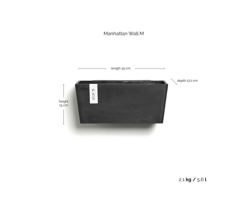 Ecopots Wand-Pflanzgefäß Manhattan Wall M: Länge 35 Zentimeter, Höhe 15 Zentimeter, Tiefe 17,2 Zentimeter, Gewicht 2,1 Kilogramm, Volumen 5,6 Liter.