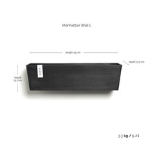Ecopots Manhattan Wall L: Länge 55 Zentimeter, Höhe 15,3 Zentimeter, Tiefe 17,2 Zentimeter, Gewicht 3,3 Kilogramm, Volumen 9,2 Liter.