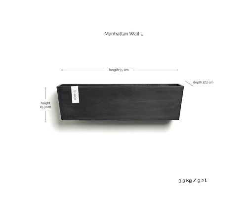 Ecopots Manhattan Wall L: Länge 55 Zentimeter, Höhe 15,3 Zentimeter, Tiefe 17,2 Zentimeter, Gewicht 3,3 Kilogramm, Volumen 9,2 Liter.