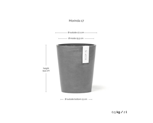 Ecopots Blumentopf Morinda 17 mit Maßen: Höhe 19,5 Zentimeter, Außendurchmesser 17,1 Zentimeter, Volumen 2 Liter.