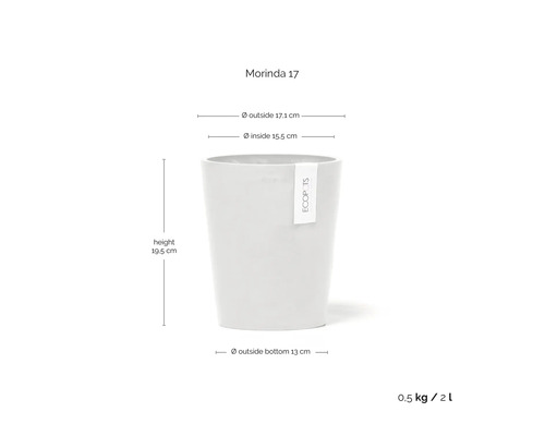 Ecopots Morinda 17 Blumentopf, Höhe 19,5 Zentimeter, Außendurchmesser 17,1 Zentimeter, Volumen 2 Liter, Gewicht 0,5 Kilogramm.