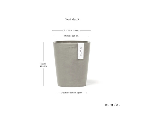 Pflanzkübel Ecopots Morinda 17 in Grau, Höhe 19,5 Zentimeter, Außendurchmesser 17,1 Zentimeter, Volumen 2 Liter.