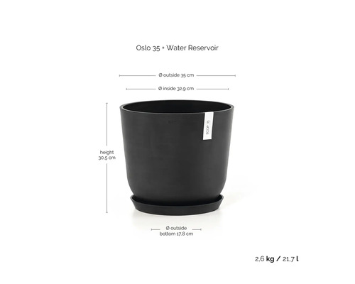 Ecopots Oslo 35 Pflanztopf mit Wasserreservoir, Durchmesser 35 Zentimeter, Höhe 30,5 Zentimeter, Volumen 21,7 Liter, Schwarz.