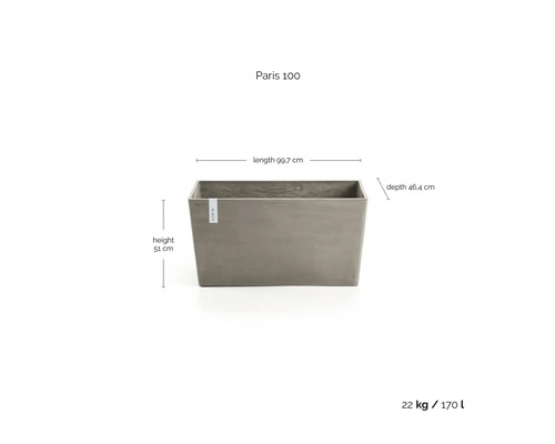 Rechteckiger Pflanzkübel Paris 100 aus Kunststoff, Länge 99,7 Zentimeter, Höhe 51 Zentimeter, Tiefe 46,4 Zentimeter, Volumen 170 Liter.