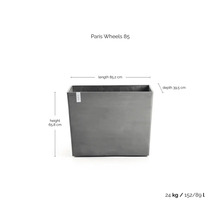 Rechteckiger Pflanzkübel ECOPOTS Paris Wheels 85 in Grau, Länge 85,2 Zentimeter, Höhe 65,8 Zentimeter, Tiefe 39,5 Zentimeter.