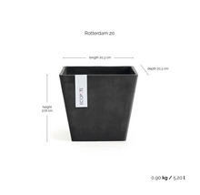 Quadratischer Pflanzkübel Ecopots Rotterdam 20, Länge 20,3 Zentimeter, Tiefe 20,3 Zentimeter, Höhe 17,8 Zentimeter, Volumen 5,2 Liter.