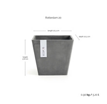 Quadratischer Pflanztopf Ecopots Rotterdam 20 in Grau, Länge 20,3 Zentimeter, Tiefe 20,3 Zentimeter, Höhe 17,8 Zentimeter.