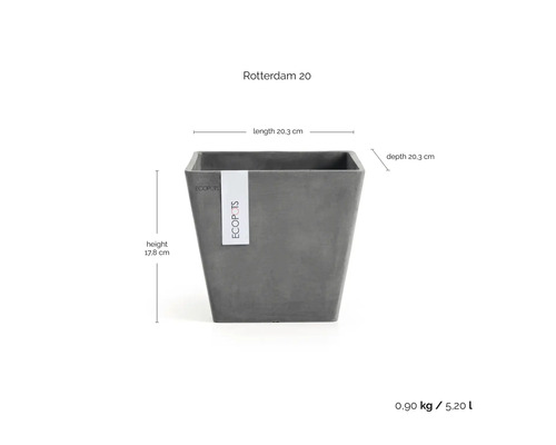 Quadratischer Pflanztopf Ecopots Rotterdam 20 in Grau, Länge 20,3 Zentimeter, Tiefe 20,3 Zentimeter, Höhe 17,8 Zentimeter.