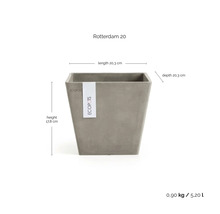 ECOPOTS Blumenkübel Rotterdam 20, quadratisch, aus recyceltem Kunststoff. Länge 20,3 Zentimeter, Tiefe 20,3 Zentimeter, Höhe 17,8 Zentimeter.