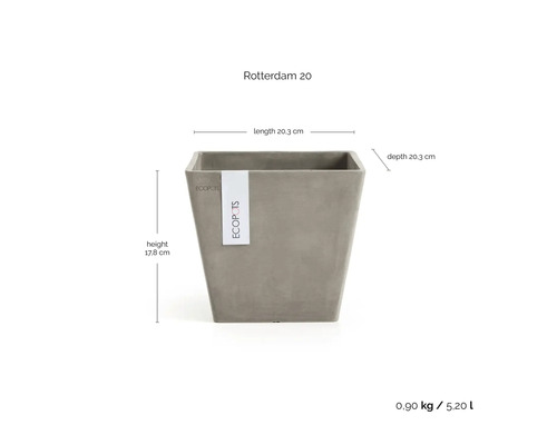 ECOPOTS Blumenkübel Rotterdam 20, quadratisch, aus recyceltem Kunststoff. Länge 20,3 Zentimeter, Tiefe 20,3 Zentimeter, Höhe 17,8 Zentimeter.