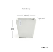 Quadratischer Pflanzkübel Ecopots Rotterdam 30: Höhe 26,4 Zentimeter, Länge 29,5 Zentimeter, Tiefe 29,5 Zentimeter, 17 Liter, 2,2 Kilogramm.