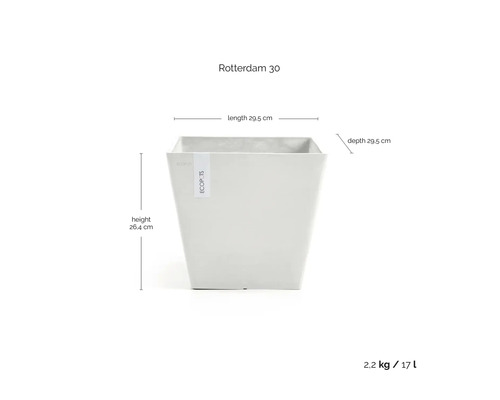 Quadratischer Pflanzkübel Ecopots Rotterdam 30: Höhe 26,4 Zentimeter, Länge 29,5 Zentimeter, Tiefe 29,5 Zentimeter, 17 Liter, 2,2 Kilogramm.