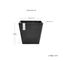 Quadratischer Ecopots Rotterdam 40 Pflanzkübel. Höhe 35,5 Zentimeter, Länge 40,1 Zentimeter, Tiefe 40,1 Zentimeter. Volumen 37,6 Liter.