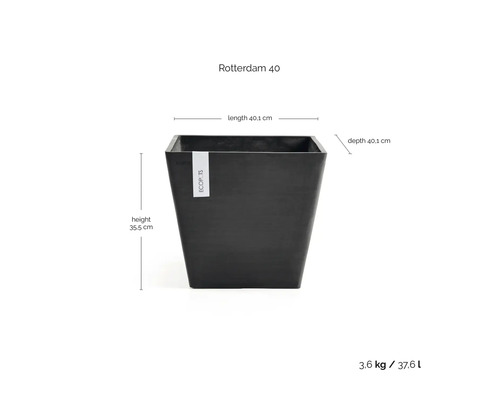 Quadratischer Ecopots Rotterdam 40 Pflanzkübel. Höhe 35,5 Zentimeter, Länge 40,1 Zentimeter, Tiefe 40,1 Zentimeter. Volumen 37,6 Liter.