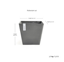 Quadratischer Pflanzkübel Ecopots Rotterdam 40, grau, Maße 40,1 mal 40,1 mal 35,5 Zentimeter, Volumen 37,6 Liter, Gewicht 3,6 Kilogramm.