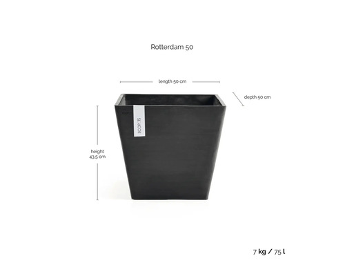 Dunkelgrauer quadratischer Pflanzkübel Ecopots Rotterdam 50 aus Kunststoff, Länge 50 Zentimeter, Tiefe 50 Zentimeter, Höhe 43,5 Zentimeter.