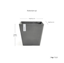 Ecopots Rotterdam 50 quadratischer Pflanzkübel. Maße: Länge 50 Zentimeter, Tiefe 50 Zentimeter, Höhe 43,5 Zentimeter. Volumen 75 Liter, Gewicht 7 Kilogramm.