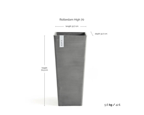Hoher quadratischer Pflanzkübel Ecopots Rotterdam High 70 mit einer Höhe von 70,5 Zentimeter sowie einer Länge und Tiefe von 32,7 Zentimeter.