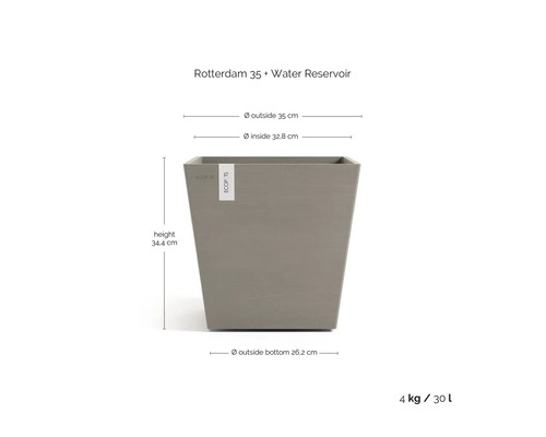 Quadratischer Pflanzkübel Rotterdam 35 mit Wasserreservoir, Höhe 34,4 Zentimeter, Außendurchmesser 35 Zentimeter, Fassungsvermögen 30 Liter.