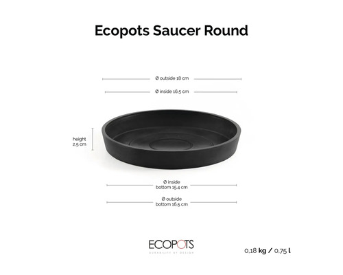 Ecopots Untersetzer rund mit Maßen: Höhe 2,5 Zentimeter, Außendurchmesser 18 Zentimeter, Innendurchmesser 16,5 Zentimeter.