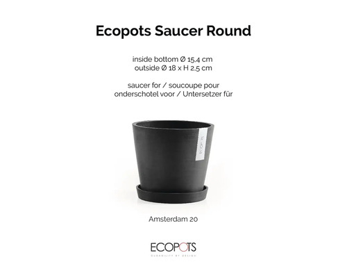 Ecopots runder Untersetzer für Blumentopf Amsterdam 20, Außendurchmesser 18 Zentimeter, Höhe 2,5 Zentimeter.