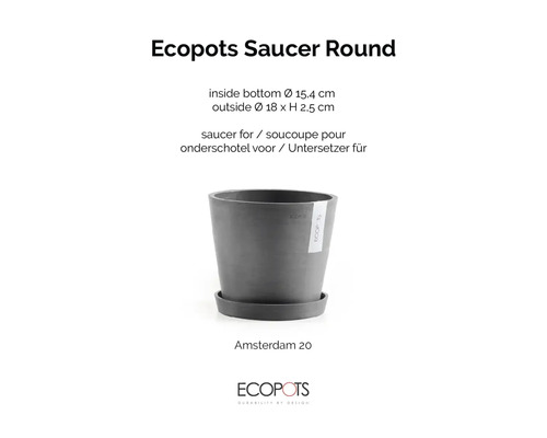 Ecopots grauer runder Untersetzer für den Blumentopf Amsterdam 20, Kunststoff, Außendurchmesser 18 Zentimeter, Höhe 2,5 Zentimeter.