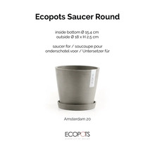 Runder grauer Untersetzer Ecopots Saucer Round für Amsterdam 20, Außendurchmesser 18 Zentimeter, Höhe 2,5 Zentimeter. Ecopots Logo.
