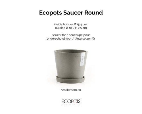 Runder grauer Untersetzer Ecopots Saucer Round für Amsterdam 20, Außendurchmesser 18 Zentimeter, Höhe 2,5 Zentimeter. Ecopots Logo.