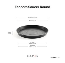 Ecopots runder Untersetzer für Blumentöpfe mit Maßen: Höhe 3,5 Zentimeter, Durchmesser außen 44,5 Zentimeter.