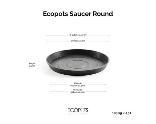 Ecopots runder Untersetzer für Blumentöpfe mit Maßen: Höhe 3,5 Zentimeter, Durchmesser außen 44,5 Zentimeter.