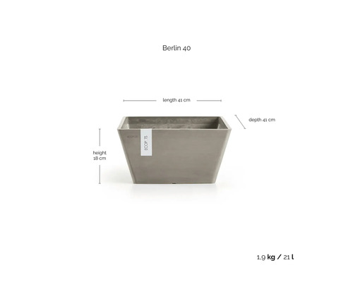 Ecopots Berlin 40 Pflanzkübel, Länge 41 Zentimeter, Tiefe 41 Zentimeter, Höhe 18 Zentimeter, Volumen 21 Liter, Gewicht 1,9 Kilogramm.